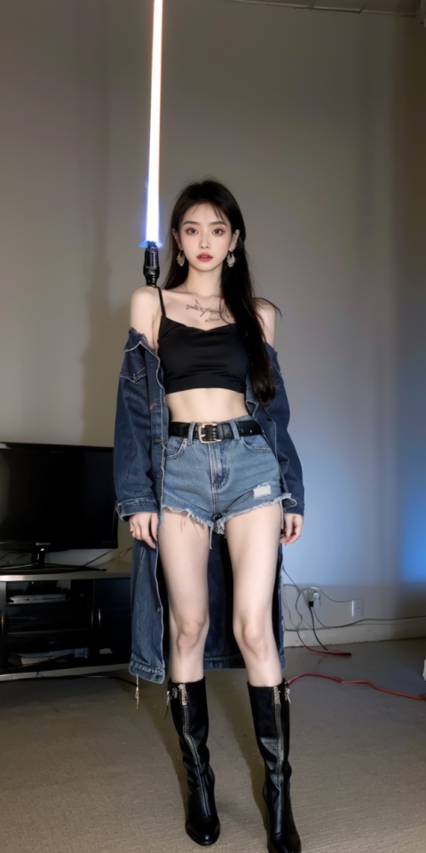  1girl, solo, navel, tattoo, jacket, midriff, belt, pants, holding, lightsaber, boots, energy sword, blue jacket, looking at viewer, full body, jewelry, standing, earrings, multicolored hair, off shoulder, black hair, denim jacket, nail polish, crop top, black footwear, fishnets, bare shoulders, shorts,jyy-hd