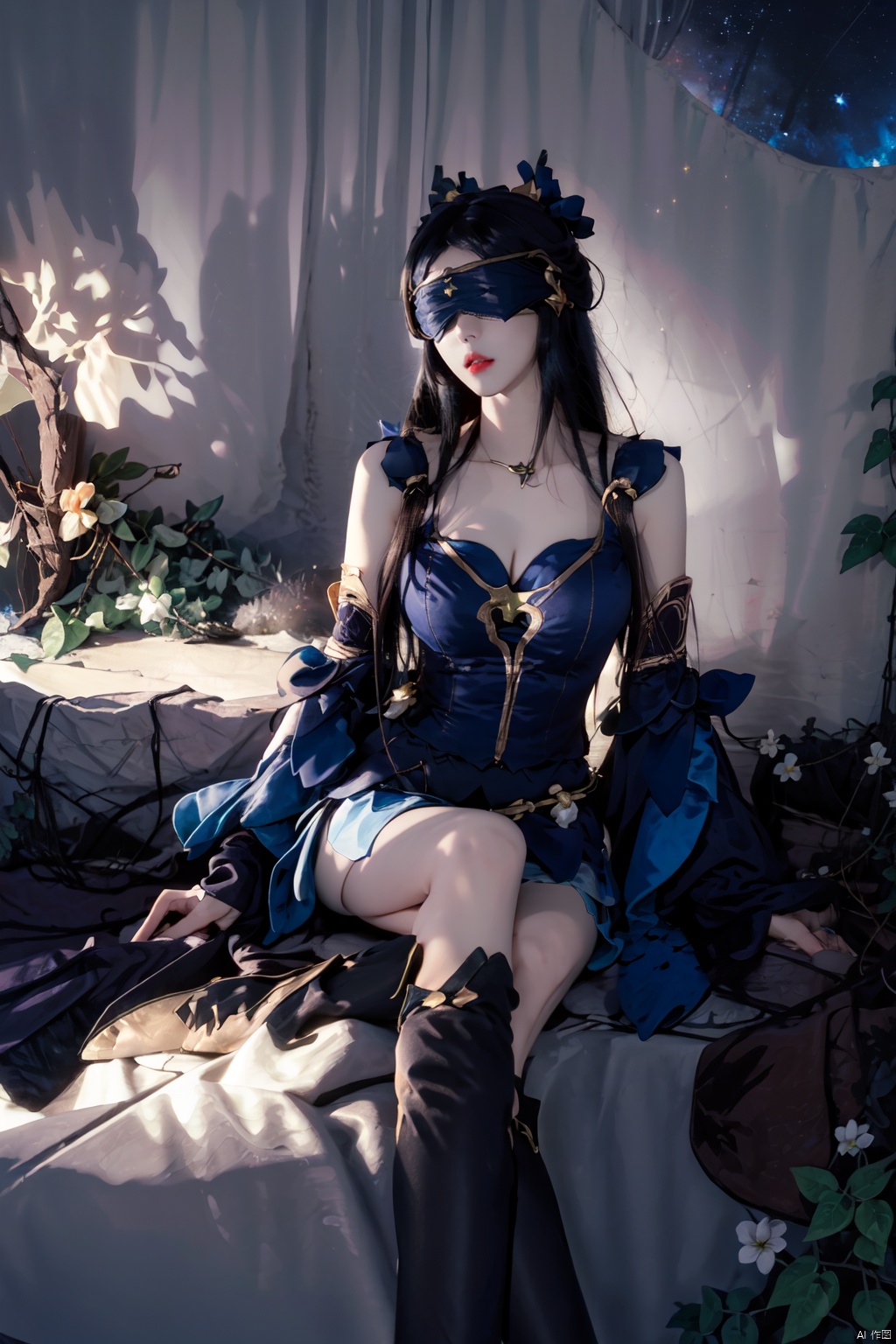  (Masterpiece :1.2), (Best quality :1.3), (Super Detail :1.2), (Illustration :1.2), (breast protruding) (movie lighting), stars, Garden, \n((1 girl)), (Blindfolded :1.6), black hair, black stockings, whole body, sitting, sitting with legs spread, \nbubble, Dream, plants, Girl in the stars,
