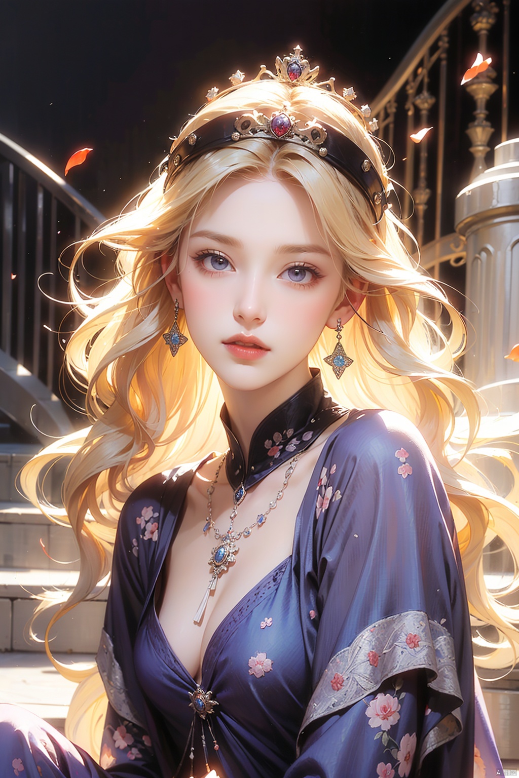  (absurdres, highres, ultra detailed),
1girl, 26yo girl,
wavy long hair,Blond hair, coral eyes, bangs, long sleeves,

finely detailed eyes and detailed face, extremely detailed CG unity 8k wallpaper, intricate details,
(style-swirlmagic:1.0), looking at viewer, solo, upper body, detailed background, close up, detailed face,

(purple medieval byzantine theme:1.1), royal monarch, aristocratic, floating particles, rose petals, sitting on stairs, ballroom background, symmetrical composition, sidelighting, cinematic atmosphere, shadows, royal crown, jewels, , portrait, wind swirling