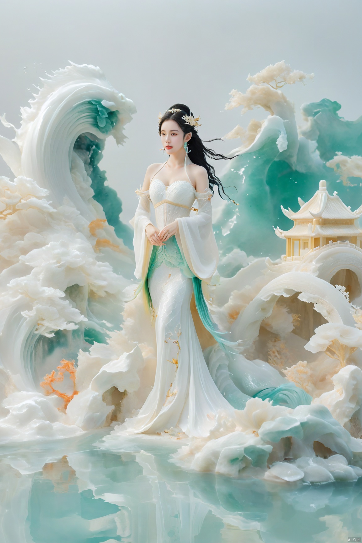  arien_hanfu, mermaid,east dragon,pure white theme,deep in the water,sea,under sea,30 yo lady,large_breasts, guohua, HUBG_Chinese_Jade, Relief style