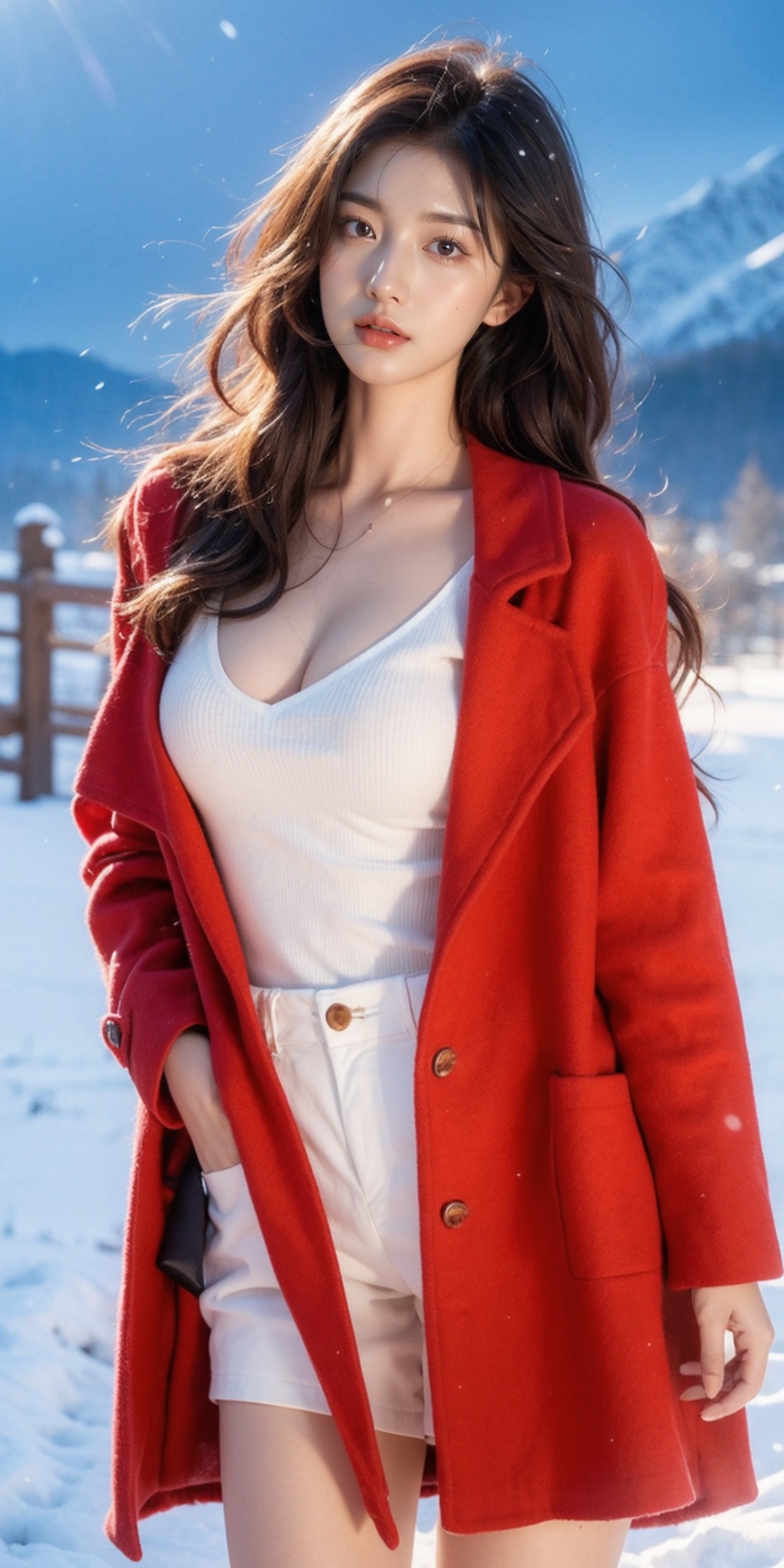  Best Quality, masterpiece, Super High Resolution, (reality: 1.4) , original photo, 1 girl, long hair, facial highlights, pure beauty, teenage girl, Blush, 18,18 smiling female classmate, pure beauty, innocent, (best quality, 8k, Masterpiece: 1.3) , oval face, large eyes, long eyelashes, delicate (realistic style) , star-like eyes, extreme face, photo-level lighting, sharp features, creamy skin, fair skin, high-detail skin, real skin detail, visible pores, (ultra-detail) , (perfect body: 1.1) , long hair, (dynamic pose) , (dynamic background (volume light: 1.3) , (volume light: 1.3) , large breasts, deep V, red khaki coat, white boots, Alps, Snow Mountain, free, smart, long legs, smooth, 1 girl, none, West Qing