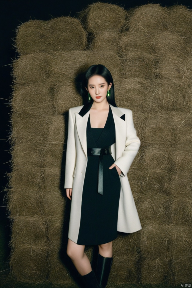  lui yifei with long black hair wearing green earrings and a fur coat with a black background and a black background, short hair, forehead, black hair, lui yifei in a suit and tie standing in a field of hay with a dark background and a black background, street, and a black and white jacket over her shoulders, lui yifei in a black dress and hat holding a purse and a purse bag standing in front of a wall, lui yifei in a short skirt and black top posing for a picture with her hands on her hips and her legs crossed, liu yifei