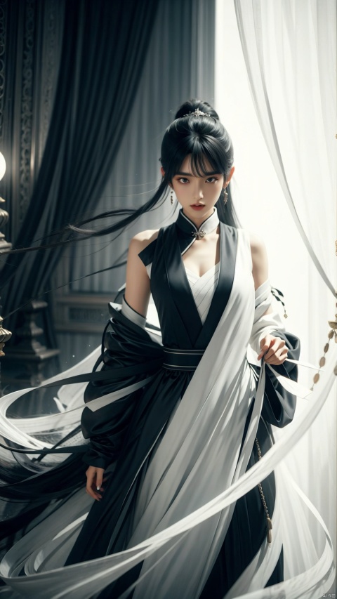  A white-haired woman in a black dress. The woman's dress features are extremely distinctive, leaving a deep impression on people.
Her dress is all black, a color that carries a mysterious and understated beauty in itself. The black dress made her look noble and mysterious, like a goddess from the night, quietly guarding a secret belonging to her.
The woman's hairstyle was also a highlight. A long silver-white hair is more striking against the dark background, as the moonlight flows, giving her an otherworldly temperament. Her hair is not too much decoration, just naturally falling, flowing over her shoulders, adding a bit of natural and pure beauty.
1 girl,full body,masterpiece,
render,technology, (best quality) (masterpiece), (highly detailed), game,4K,Official art, unit 8 k wallpaper, ultra detailed, beautiful and aesthetic, masterpiece, best quality, extremely detailed, dynamic angle, atmospheric, full body lens,high detail,exquisite facial features,futuristic,CG, Ink scattering_Chinese style,yjmonochrome,Ink and wash style