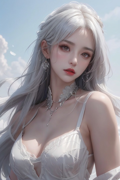  A girl, long white hair, flowing hair, bust, close-up of face, bust, fair skin, necklace, masonry, gem, ear chain, clavicle, off-the-shoulder, exquisite facial features and makeup.Red lips and delicate eye makeup.Delicate hair
( Best Quality: 1.2 ), ( Ultra HD: 1.2 ), ( Ultra-High Resolution: 1.2 ), ( CG Rendering: 1.2 ), Wallpaper, Masterpiece, ( 36K HD: 1.2 ), ( Extra Detail: 1.1 ), Ultra Realistic, ( Detail Realistic Skin Texture: 1.2 ), ( White Skin: 1.2 ), Focus, Realistic Art,liuguang,liuguang, Nebula
