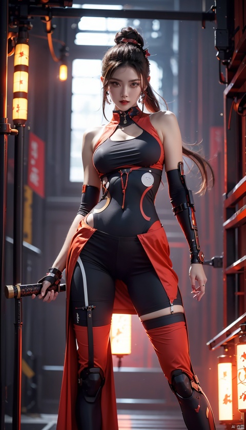  High quality, game CG, wallpaper,1girl, best quality, looking at the audience,(mechanical parts),Mechanical arm,cyberpunk, samurai sword, mechanical body