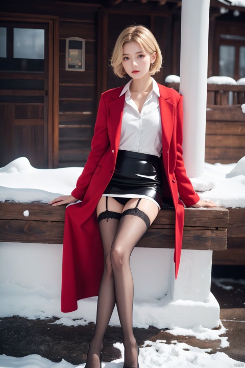  Outdoor scenery, snow view, long shot, girl, front, Big long legs, Little Feet, Hands spread flat, Standing, transparent red wool coat, pretty face, short hair, blonde hair, (photo reality: 1.3), Edge lighting, (high detail skin: 1.2), 8K Ultra HD, high quality, high resolution, the best ratio of four fingers and a thumb, (photo reality: 1.3), white shirt inside, big chest, advanced feeling, texture full, a girl, magic eyes, black stockings, pencil skirt, high heels,