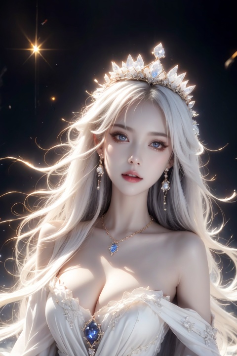  A princess, bust shot, close-up of the figure's head, ice crown, ornament, jewelry, necklace, sapphire, purple stone, noble dress, off-the-shoulder, big eyes, high nose, rosy lips, flowing white long hair and ear chain, just like a princess.White hair, Cleavage,Messy hair,delicate head wearing an ice crown, sparkling, flashing.,huliya