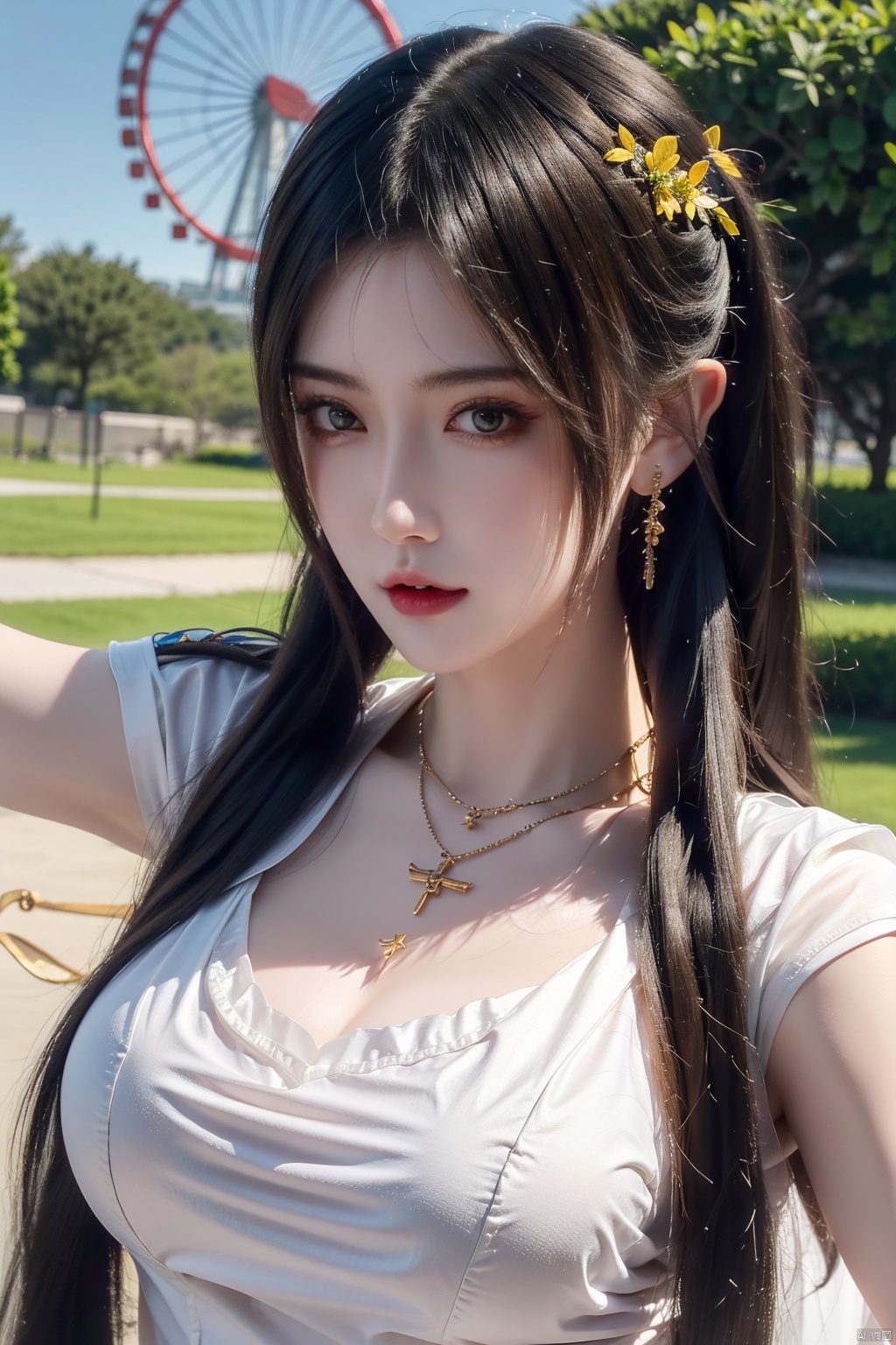  best quality, 1 beautiful Chinese girl,twintails, 
, big eyes,naked, snow-white skin, blue short sleeves, scissor hands, selfie mirror,

The sunshine, in the middle of the field, with the Ferris wheel in the distance,(big breasts:1.3)