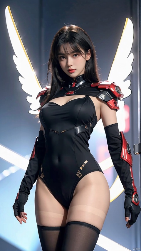 A young woman., Game character, Sense of design, A beautiful face, Long black hair, Bangs, colored inner hair, The eyes are bright and firm, wisdom, Smile at the corners of the mouth, Graceful posture, The body is well-proportioned and slender, Big breasts, Bare lower breasts, Bare skin, High school, Wearing a black tights combat suit, The shawl goes down, High-tech, Combat armor, Design, The appearance is streamlined and elegant, Red and white moldings, The arms of the mech, Energy sword, Mech wings, machinery, cut-in