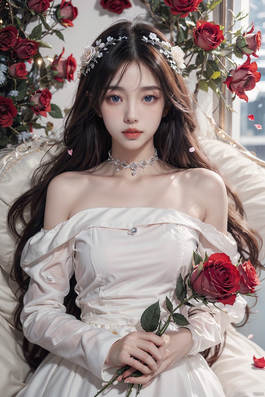  1girl, solo, red flower, flower, blue eyes, long hair, holding flower, holding, rose, dress, petals, hair ornament, red rose, lying, long sleeves, white hair, on back, white dress, looking at viewer, choker, parted lips, bare shoulders, blush, bangs, off shoulder, black choker, hair flower, off-shoulder dress, very long hair, collarbone, puffy long sleeves, puffy sleeves, rose petals, hair between eyes,eyesseye, dofas, crystal, yunbin, qianjin, christmas