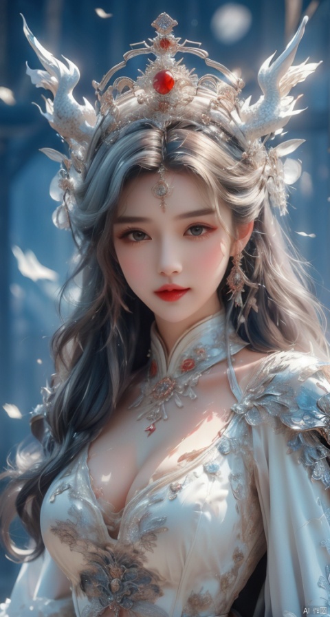  A royal elder sister, with a straight face,Keywords bust, slim waist, exposed waist, cleavage, solemn and sacred, Exposing thighs, navel,queen, white palace, dragon lady, drakan_longdress_crown,High complex headdress,Half-length photo with long white hair,Gaze lens, facing the camera, close-up shooting of face, film texture, reality, art, surrealism,High complex headdress,Dragon crown, super detail, cleavage, plump figure, shallow smile,High complex headdress,High-detail dragon crown