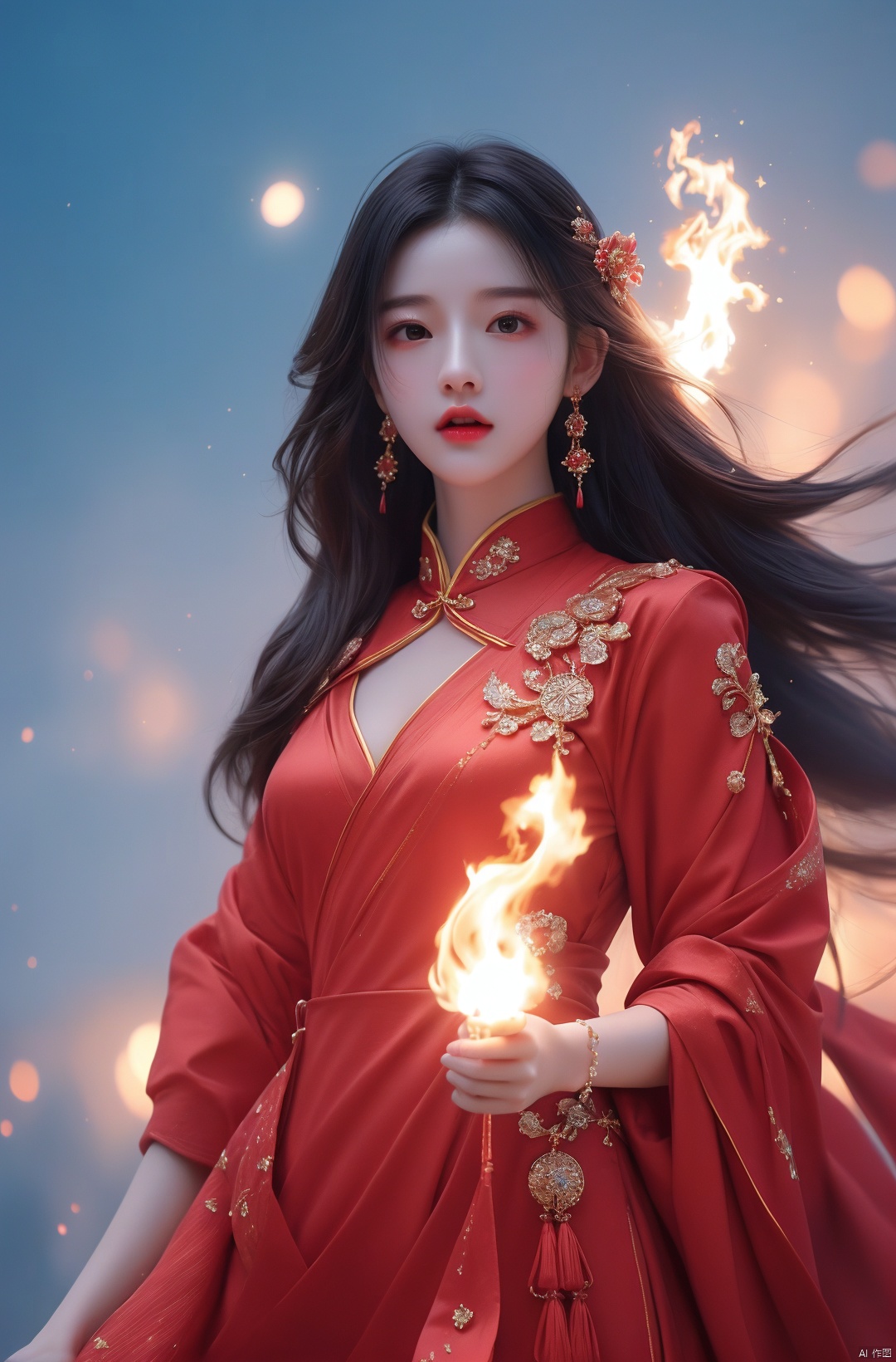  masterpiece, 1 girl, Look at me, Long hair, Flame, A magical scene, glowing, Floating hair, realistic, Nebula, An incredible picture, The magic array behind it, Stand, textured skin, super detail, best quality, ,,dress,, Light master, sunyunzhu, 1girl, chijian, (\xing he\), jewels