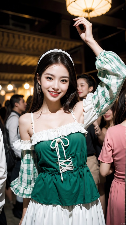  The image features a beautiful young Asian woman with long, brown hair. She is wearing a Dirndl, a traditional Bavarian dress, and is smiling brightly. The Dirndl is green and white checkered with a red apron, and the woman's white ruffled sleeves add a touch of elegance. The overall lighting in the image is warm and natural, creating a pleasant atmosphere. The colors are vibrant and well-balanced, with the green and white of the Dirndl standing out against the backdrop of the crowd. The woman's outfit and pose exude a sense of joy and liveliness, as if she is enjoying herself at a festival. Her smile conveys a sense of happiness and contentment, while her eyes look warm and friendly. It seems that she is comfortable in her surroundings and is open to socializing with others. This image captures a moment of joy and celebration, making it an interesting and engaging photograph.