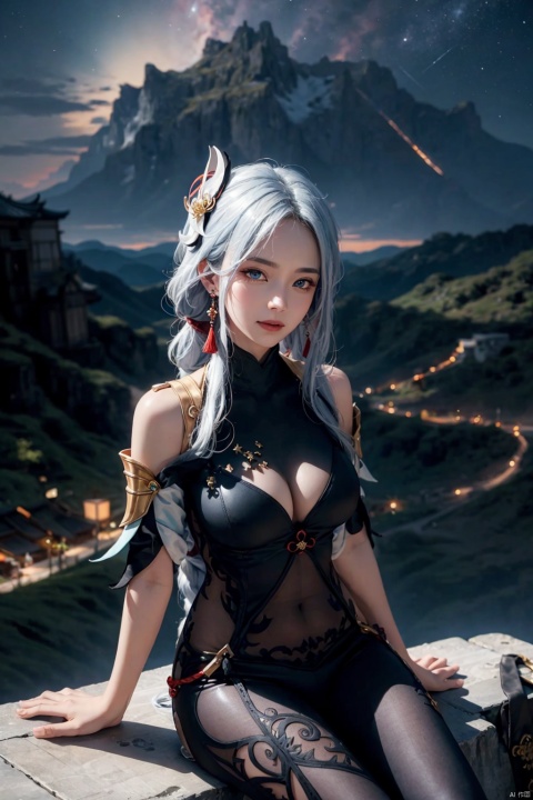  yuanshen,1girl,shenhe \(genshin impact\),solo,long hair,hair over one eye,bodysuit,hair ornament,braid,breast curtain,looking at viewer,breasts,braided ponytail,black bodysuit,blue eyes,hip vent,covered navel,bangs,earrings,jewelry,tassel,clothing cutout,white hair,very long hair,eyes visible through hair,cowboy shot,tassel earrings,shoulder cutout,expressionless,closed mouth,,,,perfect hands,perfect hands,(arms sagging:1.5),night_sky,starry_sky,nebula,star_trail,mountainous horizon,plateau,cliff,looking_up,(sitting:1.5),,smile, shenhe (genshin impact), yuanshen