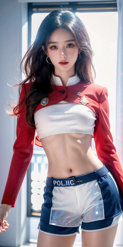  DSLR, (Good structure), ,High quality, masterpiece, 1Girl, Earstuds, blue eyes,Earstuds, blue eyes, black hair, (translucent white police uniform: 1.5), navel exposed, (translucent shorts: 1.3), thigh exposed, (supermodel pose),smile,(solo),（Different postures）,Pink hair,(Perfect hand lines),, 1 girl, ,, ((poakl)), Light master,zhaoliying