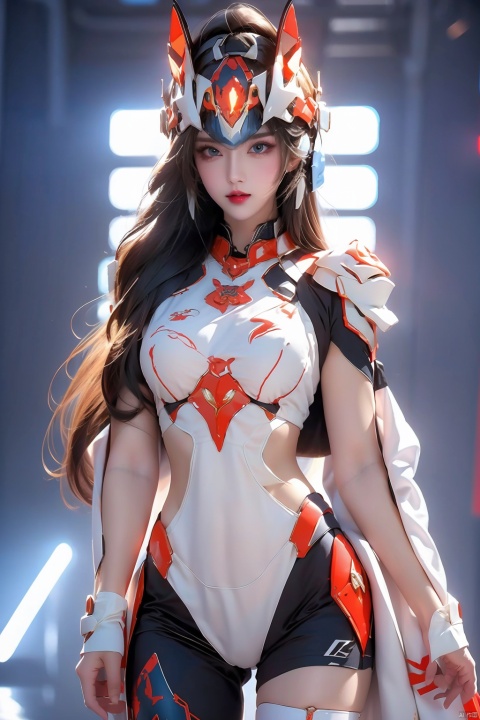  4k, office art,1girl with white armor,decorated with complex patterns and exquisite lines, k-pop, blue eyes, dark red lips,Neon lights, animal ear helmets,Thighs,1girl