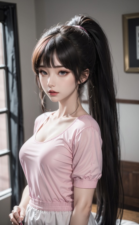 1girl,pink|white clothing,ponytail
, indoor, high-quality, masterpiece,