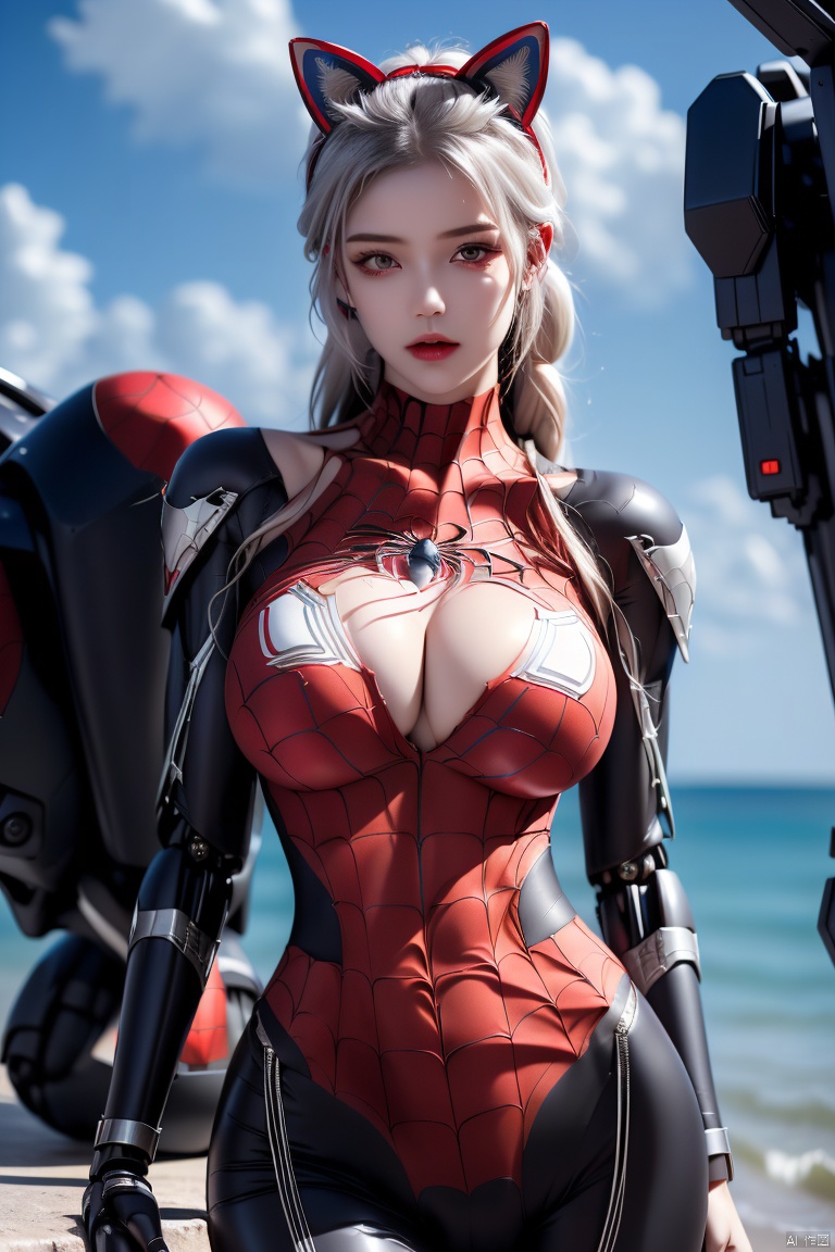  MiJu, MiJu girl, Best quality, masterpiece, ultra high res, (photorealistic:1.4), Ray tracing, Cinematic Light, dark light,
ultra-real fine skin texture, milk-like skin, super detailed skin texture, beautiful and delicate face, finely detailed beautiful eyes,

16yo girl, solo, ((spider-man suit, Mecha), cat ears, white curly hair:1.3)), looking at viewer,
 fluffy and Dense absurdly hair, 

(collarbone, cleavage, (thin waist, Tall, slender)), 1girl, cyborg