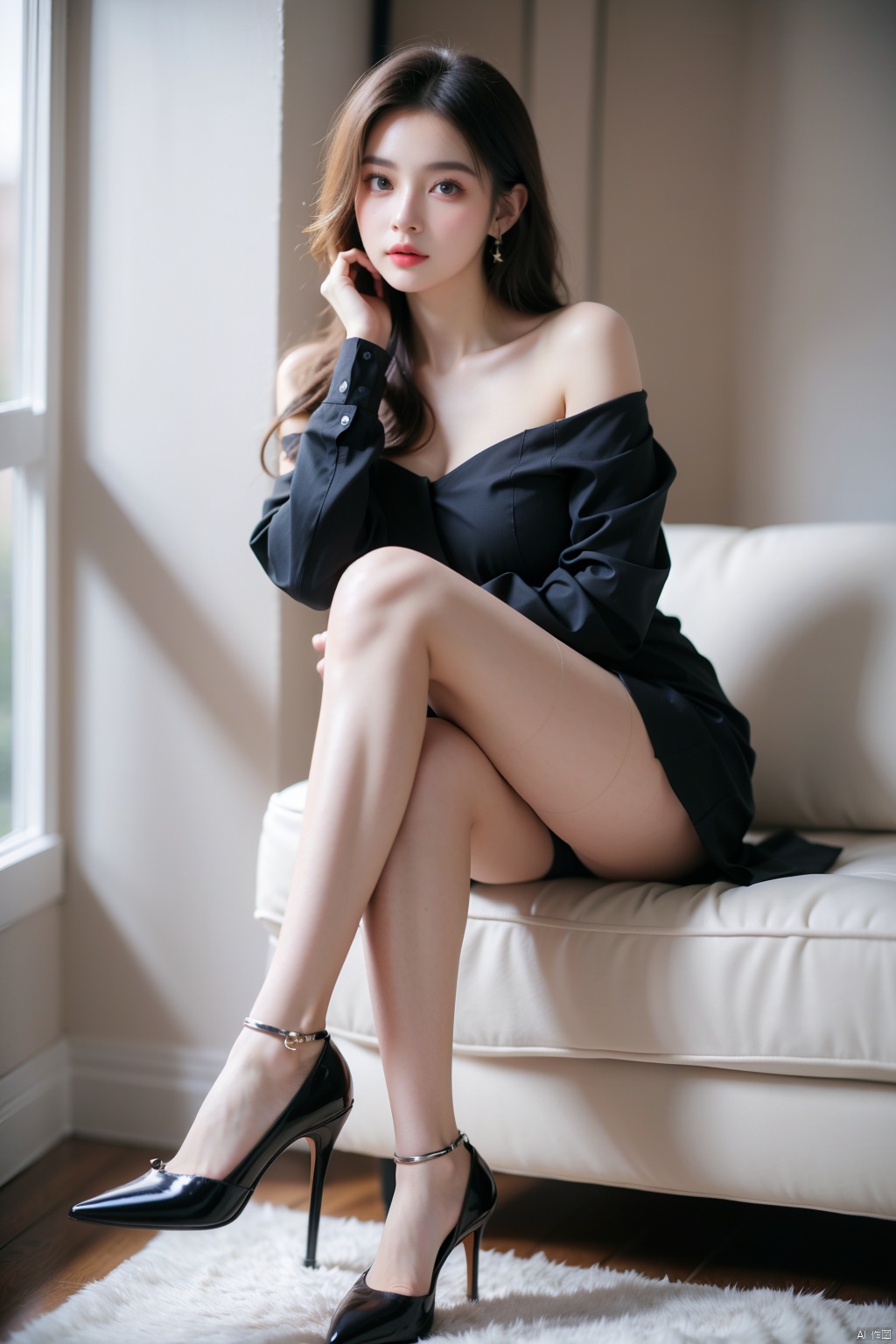  (8K,msterpiece,best quality,absurdres,photorealistic,raw photo,stunning visua),1girl,white hair,perfect female body,beautiful eyes,(delicate face),(seductive expression),(hair tucking:1.1),impact,black footwear,solo,(grey pantyhose:1.2),(full body:1.1),indoors,white shirt,unbuttoned shirt,see-through,black jacket,off shoulder,pleated skirt,(shiny skin),(best lighting),(super-complex detail),pointed toe high heels,