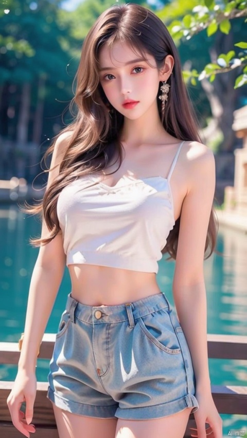  white tube top,Big long legs,Big chest exposed,Shorts and HotPants,大白腿,location by the river,aqua eyes,Full Body Close Up,,full body,bare legs,masterpiece,top quality,best quality,official art, (beautiful and aesthetic::1.2),1girl,extreme detailed,(fractal art::1.3),colorful,flowers,highest detailed,1 girl,glowing,Thighs,poakl