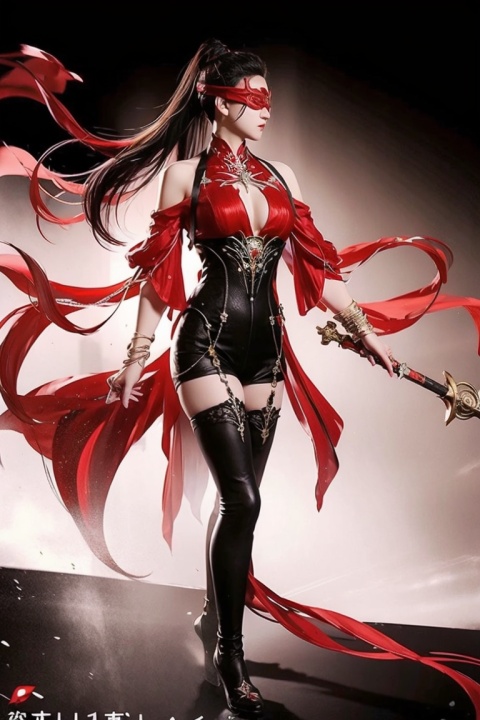  1 girl, High Holding a broadsword,Best quality, masterpiece, ultra high res, spreadleg,(photorealistic:1.4), (lora:OC:0.4) , (lora:NHY01:1),Red clothes, eye patches, long hair,wind,Eye masks cover the eyes ,big breasts,(lora:LightLine:0.3),Long black hair,Large scene,Side face, side body, , machinery, wuqimitu