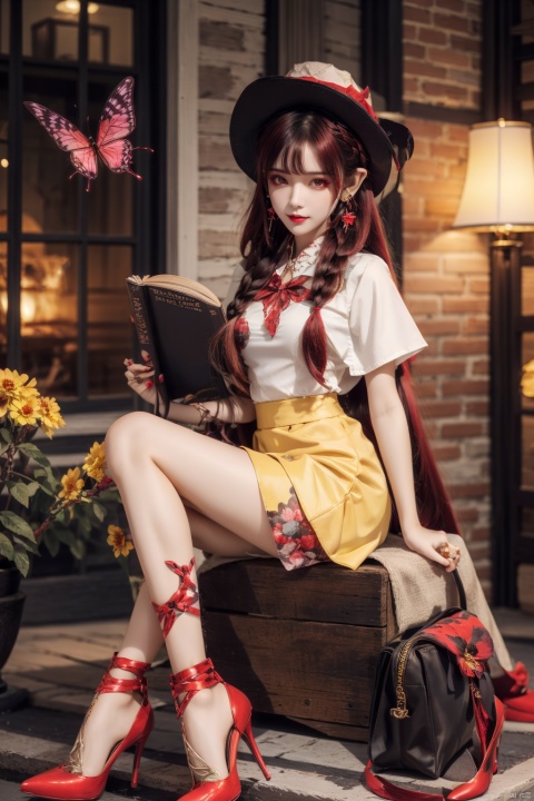  1girl, solo, pointy ears, long hair, red eyes, braid, very long hair, red hair, sitting, book, smile, hat, bug, feathers, butterfly, jewelry, earrings, looking at viewer, capelet, argyle, ribbon, flower,high_heels,yellow_footwear,pencil_skirt,handbag