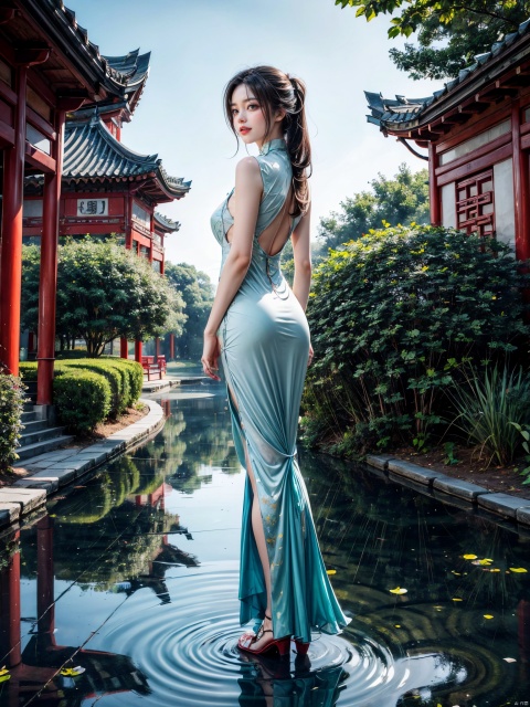  Sunlight, atmosphere, rich details, shot from below, detailed background, beautiful sky, floating hair, perfect face, exquisite facial features, high details, smile, Ancient Chinese landscapes, Chinese architecture, Su Di, poetry, Qingming, elegantly, blank, white and light green, with a combination of Morgan colors, Qiu Ying's painting style, A beautiful girl is on a pond board, wearing a sexy Chinese qipao and a thin gauze short qipao, (big breast), Long hair, Pond, Huge lotus, rain, bright light, green color, abstract pictures, Surrealism, clear background, clear outline light Edge light, fantasy, spotted light, flat illustration, 8k,hand101, (full body:1.6), (looking at viewer), (arms behind back:1.6)