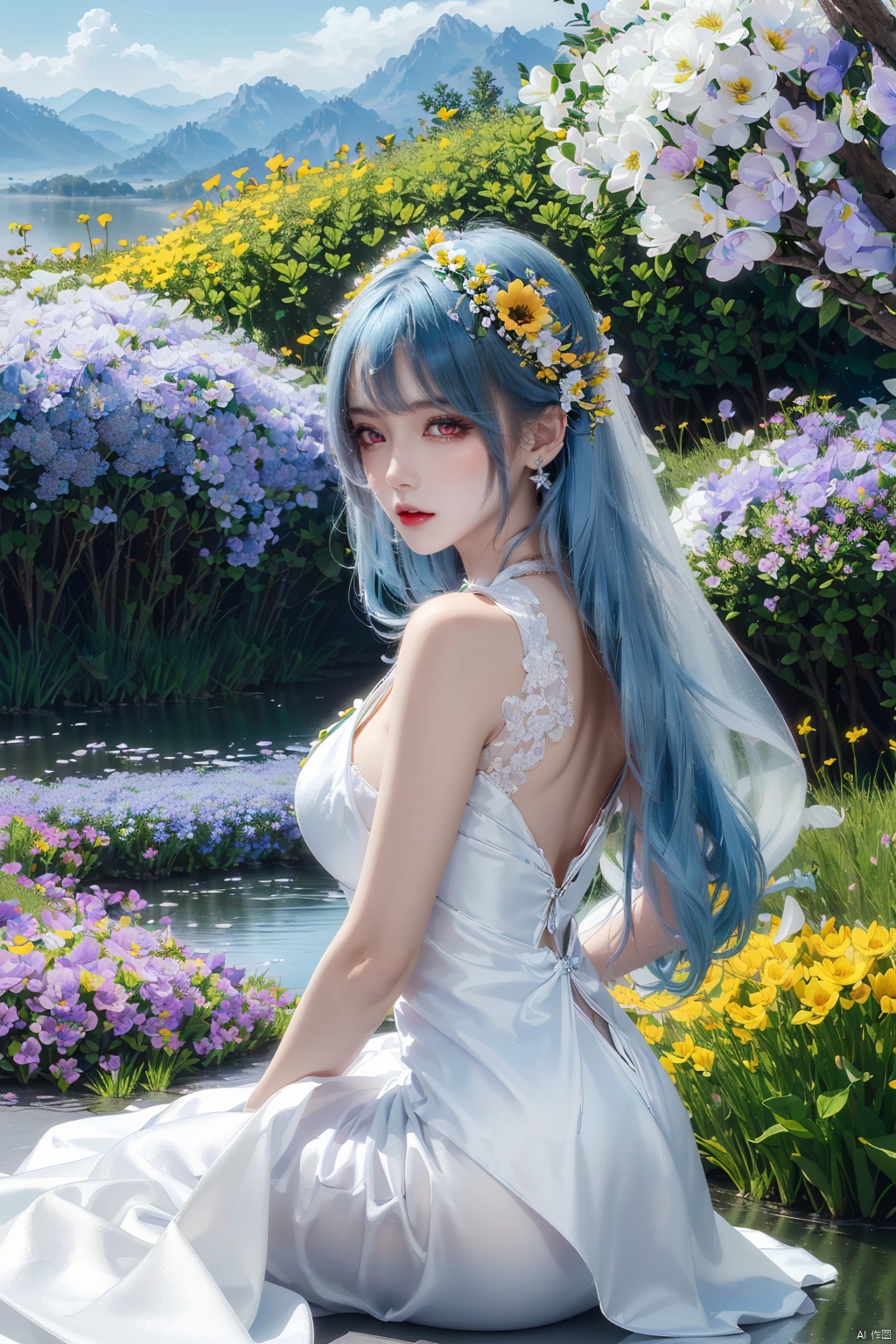  ((best quality)), ((masterpiece)), ((ultra-detailed)), (illustration), (detailed light), (an extremely delicate and beautiful),((trim)),incredibly_absurdres,(ray tracing),(reflection light),((Movie Poster)),(signature:1.3),(English text:1.3),BREAK,(8k:1.3), Wallpaper, 1girl, (girl middle of flower:1.4), (pure skyblue hair, red eyes:1.5), clear sky, outside, ultra-detailed, best quality, extreme quality, Masterpiece, beautiful, pretty, sitting on the ground, (absurdly long hair, clear boundaries of the cloth:1.4), (pure white dress, pure white silk cloth:1.5), (ground of flowers, thousand of flowers, colorful flowers, flowers around her, various flowers:1.51), young, stunning, attractive, sundress, fantastic scenery, pure white shoes