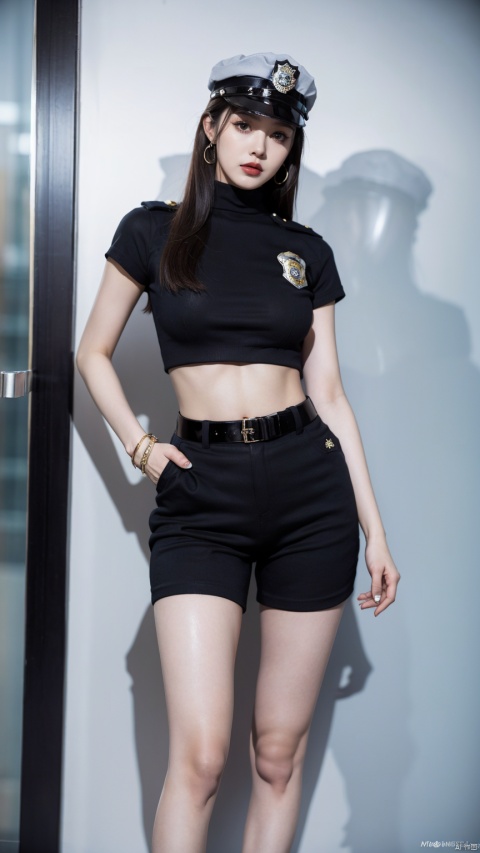  ((best quality)), (real), (masterpiece), 1girl, Half body,large breasts,temptation,aoa,midriff,Thighs,see-through,police uniform