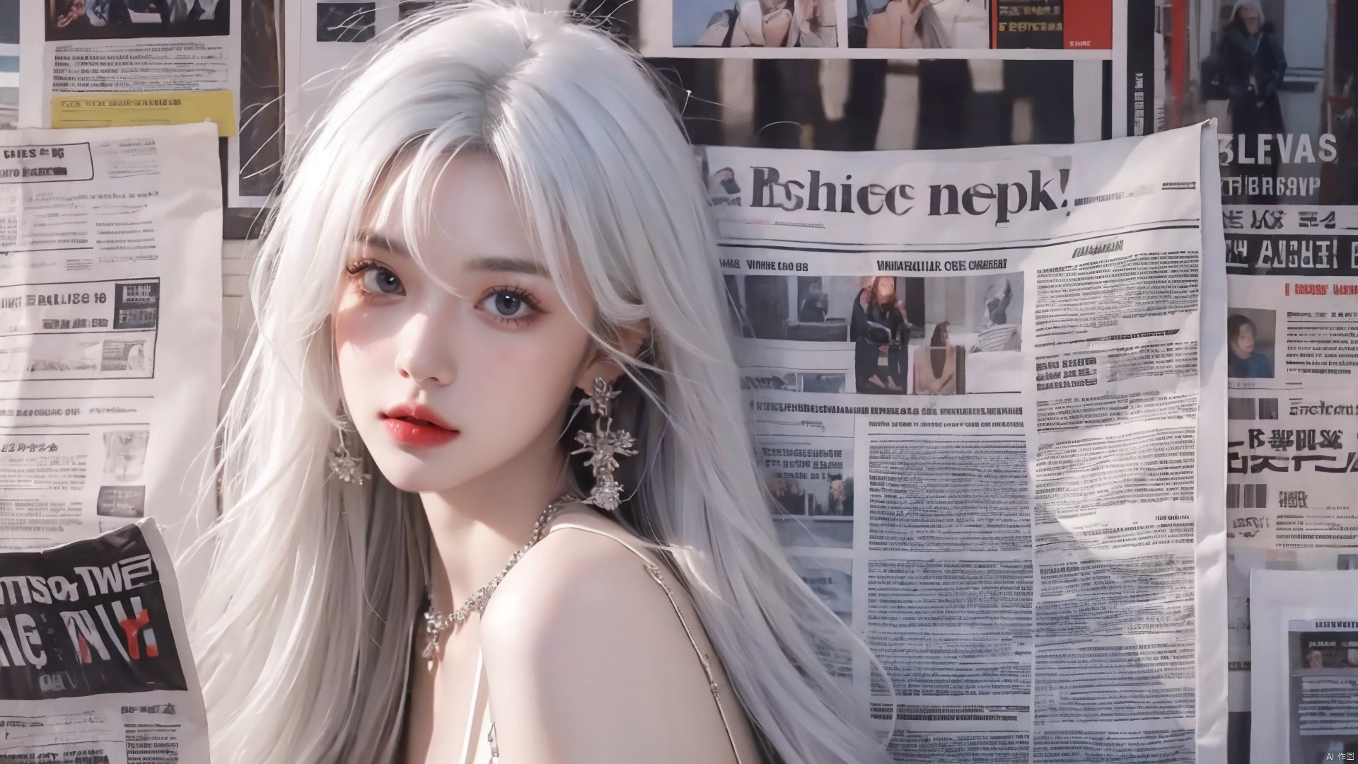  masterpiece, 1 girl, Stand, {white hair}, jewelry, Earrings, Necklace, {JK}, Newspaper wall, huge filesize, extremely detailed, 8k wallpaper, highly detailed, best quality