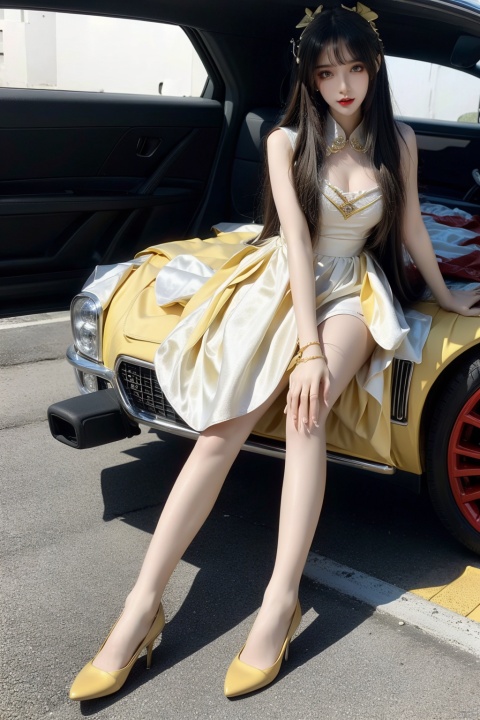  masterpiece, highly detailed, high contrast, the headless man from Sleepy Hollow, ((driving a classic Cadillac convertible)), down a sinister highway, 1girl,pencil_skirt,yellow_footwear,high_heels,handbag