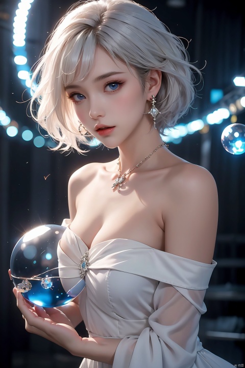 1girl,Bangs, off shoulder, (white hair), (naked), blue eyes, chest, earrings, dress, earrings, floating hair, jewelry, (orb),Crystal ball, magic ball,sleeveless, short hair,Looking at the observer, parted lips, pierced,energy,electricity,magic, tutututu