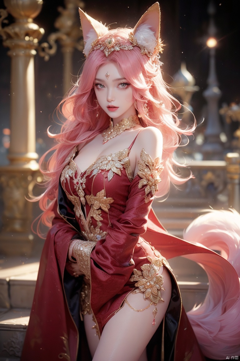  (Golden Palace background :1.4),(aerial view of the city, view),(Golden radiance, royal temperament of the city),1 girl, standing, half life, beautiful and lovely,26 years old,(sexy clothing :1.4), crystal is evil, black and pink and red glowing crystal, crystal pink hair, is every wear, she is evil, but lovely, crystal Is evil and glowing black and pink and red colors, detailed evil eyes, she has a cute dog, glowing crystal wear,(incredible detail, movie super wide Angle depth failure, super detail, crazy detail, super realistic, high resolution, movie lighting, soft lighting, incredible quality, dynamic shooting, Hair with scenery, eyes, clothes, fox eyes (1.2), Starlight, cute girl