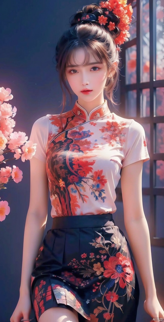  anime,(masterpiece, top quality, best quality, official art, beautiful and aesthetic:1.2),(1girl),upper body,extreme detailed,(fractal art:1.3),colorful,flowers,highest detailed,1 girl,glowing,skirt,shirt, Thighs, ((poakl))