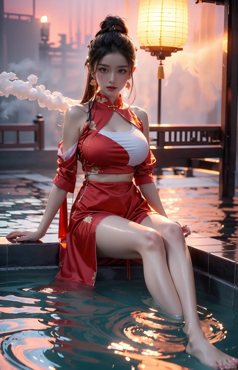  High quality, masterpiece, cinematic texture, Chinese elements, 1 girl bathing in the pool, (wrapped in a gauze: 1.2), (with a large amount of water vapor on the surface: 1.5), (hot spring), lantern, night,Song style Hanfu,smog,8K Ultra HD, clear and bright image quality, highly refined, extremely fine,