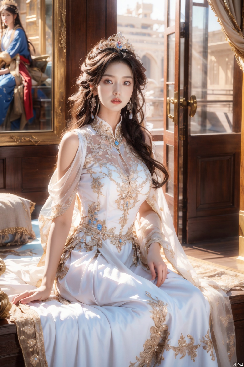  (Masterpiece, Best Quality), a girl in a white and blue dress. Luxurious dress, detailed fabric texture, ray tracing, ultra wide angle, 4K, award-winning, Yuyao, huge breasts, long hair, luxury, nobility, beauty, ultra realistic, ultra clear picture quality, 8K, luxurious palace background, domineering queen, enchanting figure, dynamic posture, sitting, full of immortality, soft light. On the other side of the flower is a large box, official art, 8k unit wallpaper, super detailed, beautiful, masterpiece, best quality, very detailed, dynamic angle, realistic, realistic, detailed details, clear focus, movie lighting, xiqing, 1girl