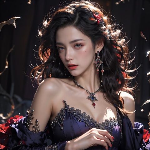  realistic,offcial art, colorful, vampire,fangs,jewelry,earrings,Colorful background, splash of color, low-angle_shot ,high light,A beautiful woman with delicate facial features, The chest is large, Colorful and colorful silks cover the body, The looming body, Sideways photo, vampire