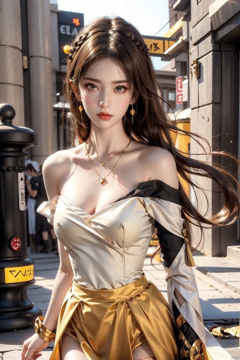  1girl,Bangs, off shoulder, colorful_hair, ((colorful hair)), yellow eyes, chest, necklace, earrings, floating hair, jewelry, sleeveless, very long hair,Looking at the observer, parted lips, pierced,energy,electricity,magic,tifa,sssr,blonde hair,jujingyi, (gold armor), liuyifei,police,thighhighs,white_dress