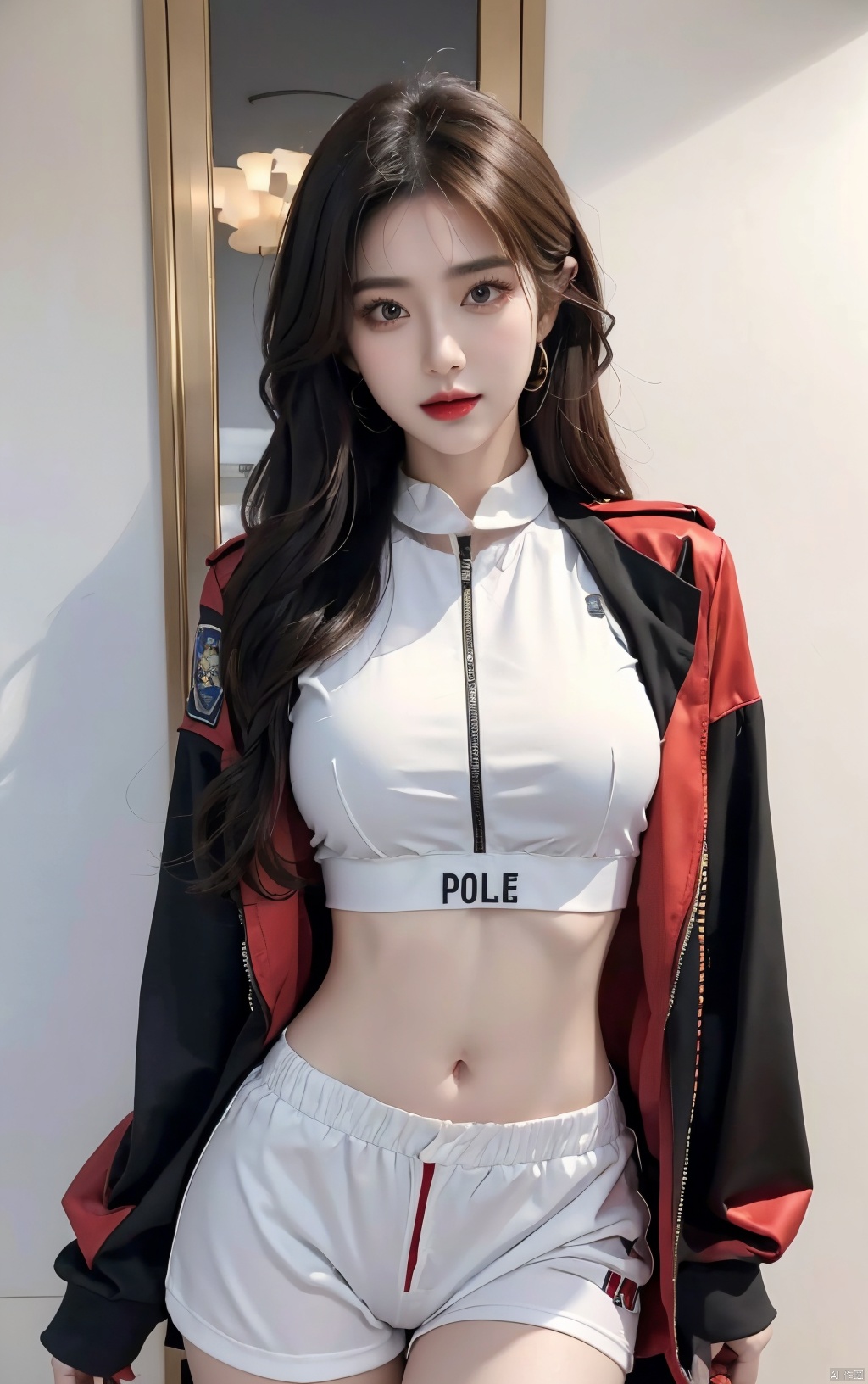  ((best quality)), (real), (masterpiece), 1girl, Half body,large breasts,temptation,aoa,midriff,Thighs,see-through,police uniform