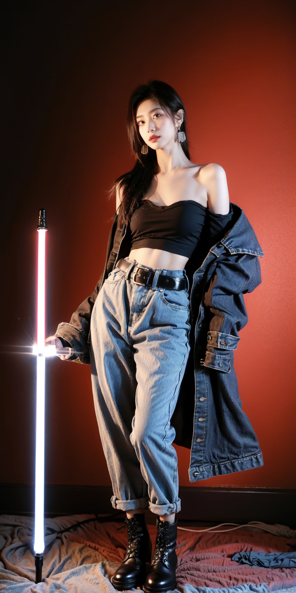  1girl, solo, navel, tattoo, jacket, midriff, belt, pants, holding, lightsaber, boots, energy sword, blue jacket, looking at viewer, full body, jewelry, standing, earrings, multicolored hair, off shoulder, black hair, denim jacket, nail polish, crop top, black footwear, fishnets, bare shoulders, shorts,jyy-hd