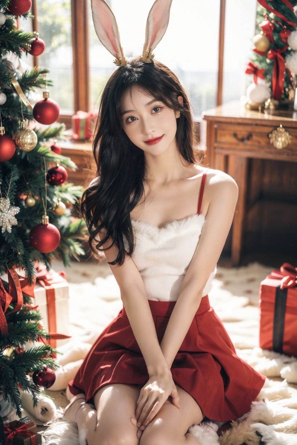  DSLR, (Good structure), HDR, UHD, 8K, A real person, Highly detailed, best quality, masterpiece, 1girl, realistic, Highly detailed, (EOS R8, 50mm, F1.2, 8K, RAW photo:1.2), ultra realistic 8k, (best illumination, best shadow, extremely delicate and beautiful), (official art, beautiful and aesthetic:1.2), solo, 1girl, , Wind, flowing hair, kind smile, , pose for picture, Dynamic pose, looking_at_viewer, long legs, perfect body, breasts, 
dress,red dress,red skirt,skirt,
rabbit ears,
fishnets,
((wariza)),siting,
breasts,christmas tree,,merry christmas,
 angel,, angel, blackpantyhose, christmas,moyou