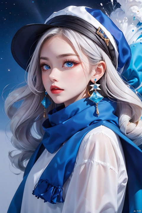  1girl, white colored hair,Colorful hat,colorful earrings, blue scarf, blue eyes,Earrings, gemstones,Starry sky, colorful splashes,