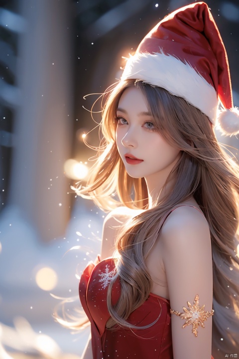  (best quality)),depth of field,((illustration)), 1girl,gem, glowing, jewelry, long hair, looking at viewer, magic, (red christmas hat), (red dress for Christmas), constellation, embers, light particles,medium_breast,floating,beautiful detailed sky,looking_at_viewers very_close_to_viewers,bare_shoulder,golden_bracelet,focus_on_face,messy_long_hair,veil,upper_body,,lens_flare,light_leaks,bare shoulders,detailed_beautiful_Snow Forest_with_Christmas trees, spirit,grey_hair,((Snowflakes)),floating sand flow,navel,(beautiful detailed eyes), (8k_wallpaper),