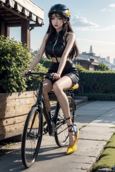  solo, 1girl,outdoors, sky, cloud, helmet, ground,sunset, riding, bicycle, BY MOONCRYPTOWOW,high_heels,yellow_footwear,pencil_skirt,long_hair