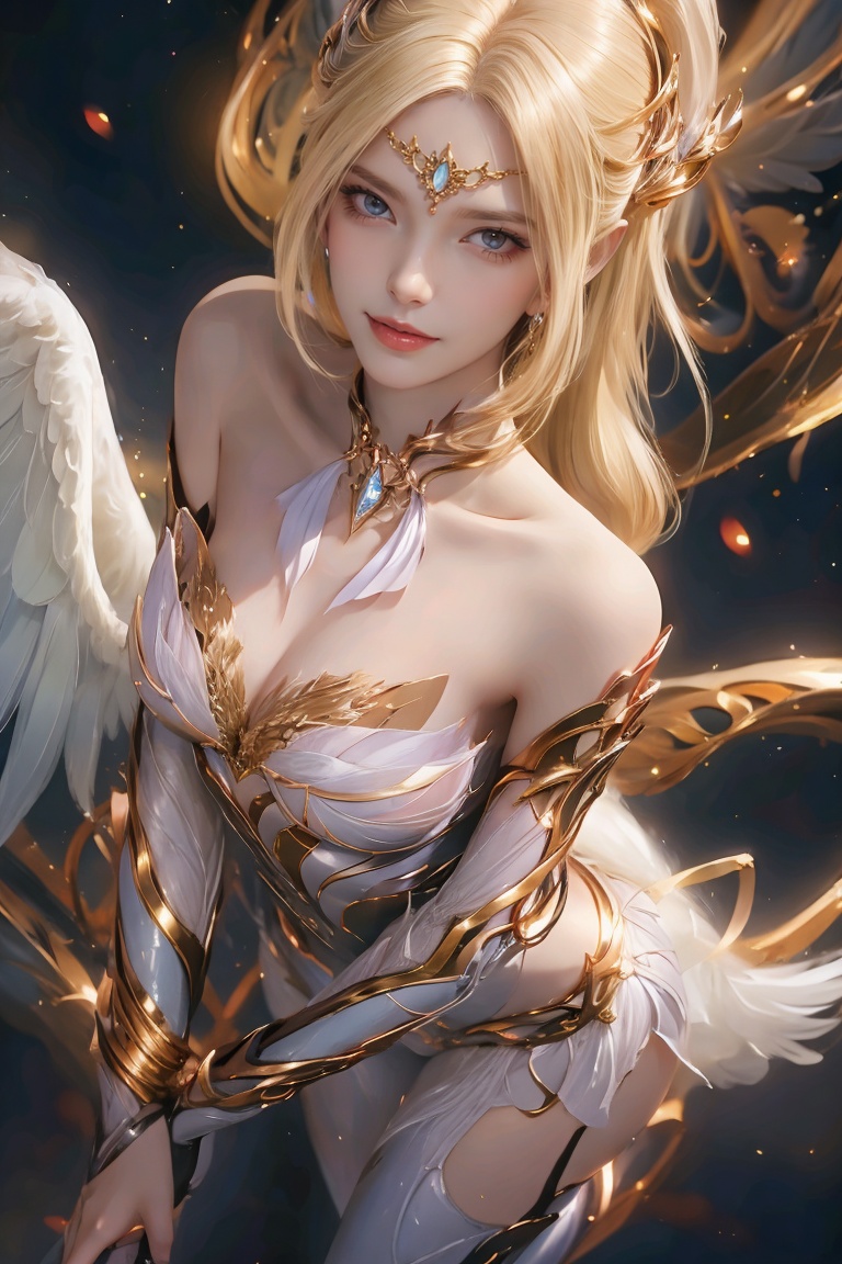  (Golden armor),Blonde hair, angel wings, ((full body)),scattered, backlit, beautiful sky,Long hair reaching the waist, (long hair flying: 1.1),The skirt is very long. Women, smiling, full chested, silver jewelry, elegant, lightweight, confident, flower posture, wisdom, charming charm, purity, nobility, artistry, beauty, (best quality), masterpiece, highlights, (original), extremely detailed wallpaper, (original: 1.5), (masterpiece: 1.3), (high resolution: 1.3), (an extremely detailed 32k wallpaper: 1.3), (best quality), Highest image quality, exquisite CG, high quality, high completion, depth of field, (girl: 1.5), (an extremely delicate and beautiful girl: 1.5), (perfect whole body details: 1.5), beautiful and delicate nose, beautiful and delicate lips, beautiful and delicate eyes, (clear eyes: 1.3), beautiful and delicate facial features, beautiful and delicate face, hand processing, hand optimization, hand detail optimization, hand detail processing, detailed beautiful clothes, complex details, Extreme detail portrayal, HDR, detailed background, realistic, (transparent PV iridescent colors: 1.3),FUJI,Film(/FUJI/),bj_Alice,LOMO,cyborg,1 girl,huliya,fox,cute_swimsuit,spread leg