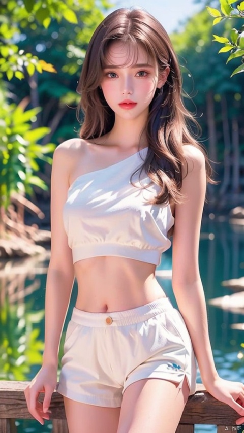  white tube top,Big long legs,Big chest exposed,Shorts andHotPants,大白腿,location by the river,aqua eyes,Full Body Close Up,,full body,bare legs,masterpiece,top quality,best quality,official art, (beautiful and aesthetic::1.2),1girl,extreme detailed,(fractal art::1.3),colorful,flowers,highest detailed,1 girl,glowing,Thighs,poakl