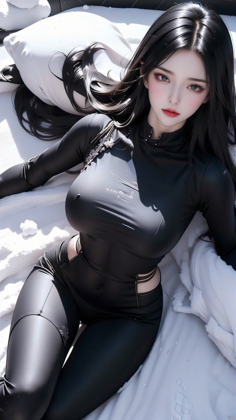 1 girl,(Black tight fitting clothing),Black hair, (snowfield:1.5),full body,Lying down, looking from above,