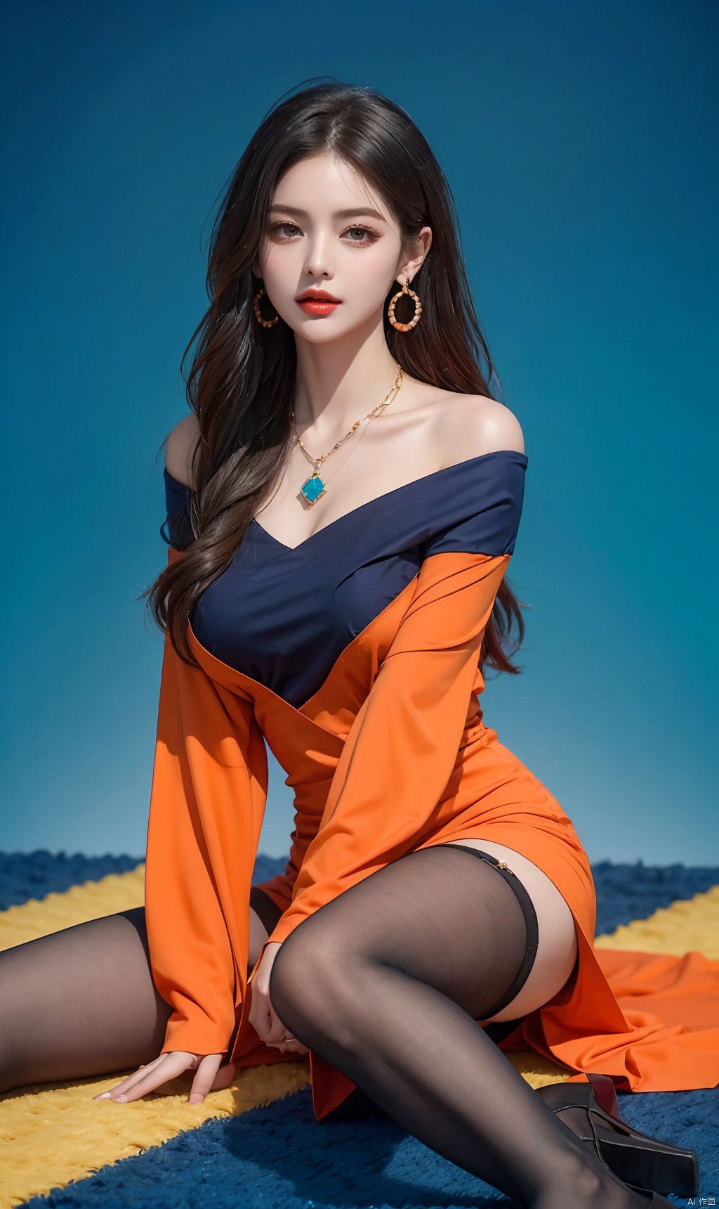  High quality, masterpiece, 1 girl sitting on the carpet, legs crossed,Pantyhose,black eyes,blue, orange, red,Blue gemstone earrings, blue gemstone necklace,Breast crevices, off shoulder,Orange background, blue shirt, huansha, fanxing,neon_dress,