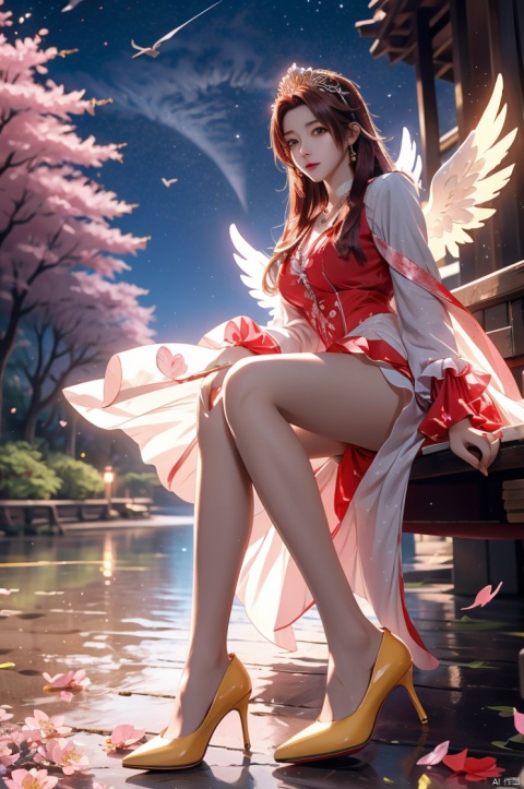  (masterpiece, best quality: 1.2), 1girl, solo, anime art, magic circle, red hair, long hair, finely detailed eyes, serious expression, sweat, dress with ruffles, purple color scheme, high heels, white gloves, heart shaped necklace, tiara, flying birds, forest, angel wings, scales, sharp claws, pointed tail, sakura trees, moonlight filtering through leaves, fallen leaves, shrubs, sakura flowers, flying flowers, river, bridge, night clouds, starry sky, windy, rustling leaves, anime style , Fashion Style,high_heels,yellow_footwear,underwear