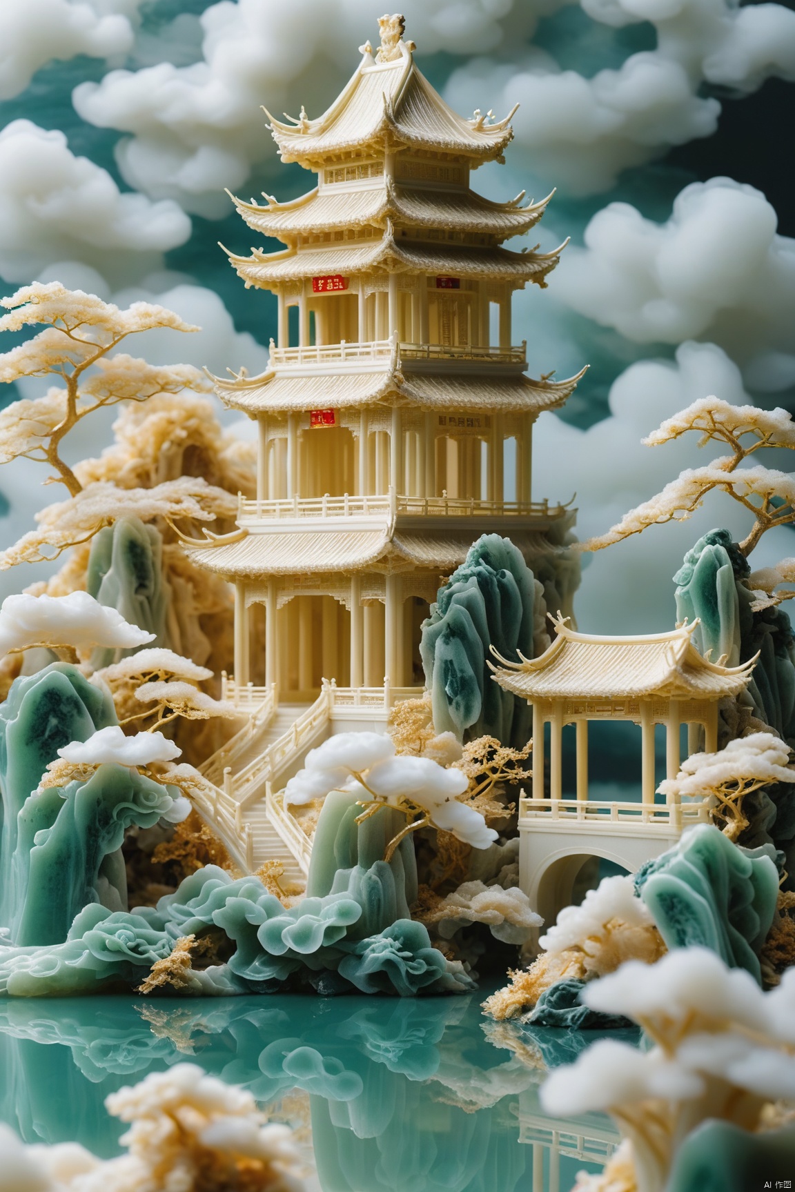  HUBG_Chinese_Jade, Palace,wide shot,
Splendid palace, clouds floating, cranes flying,
Pavilions and pavilions, winding water,